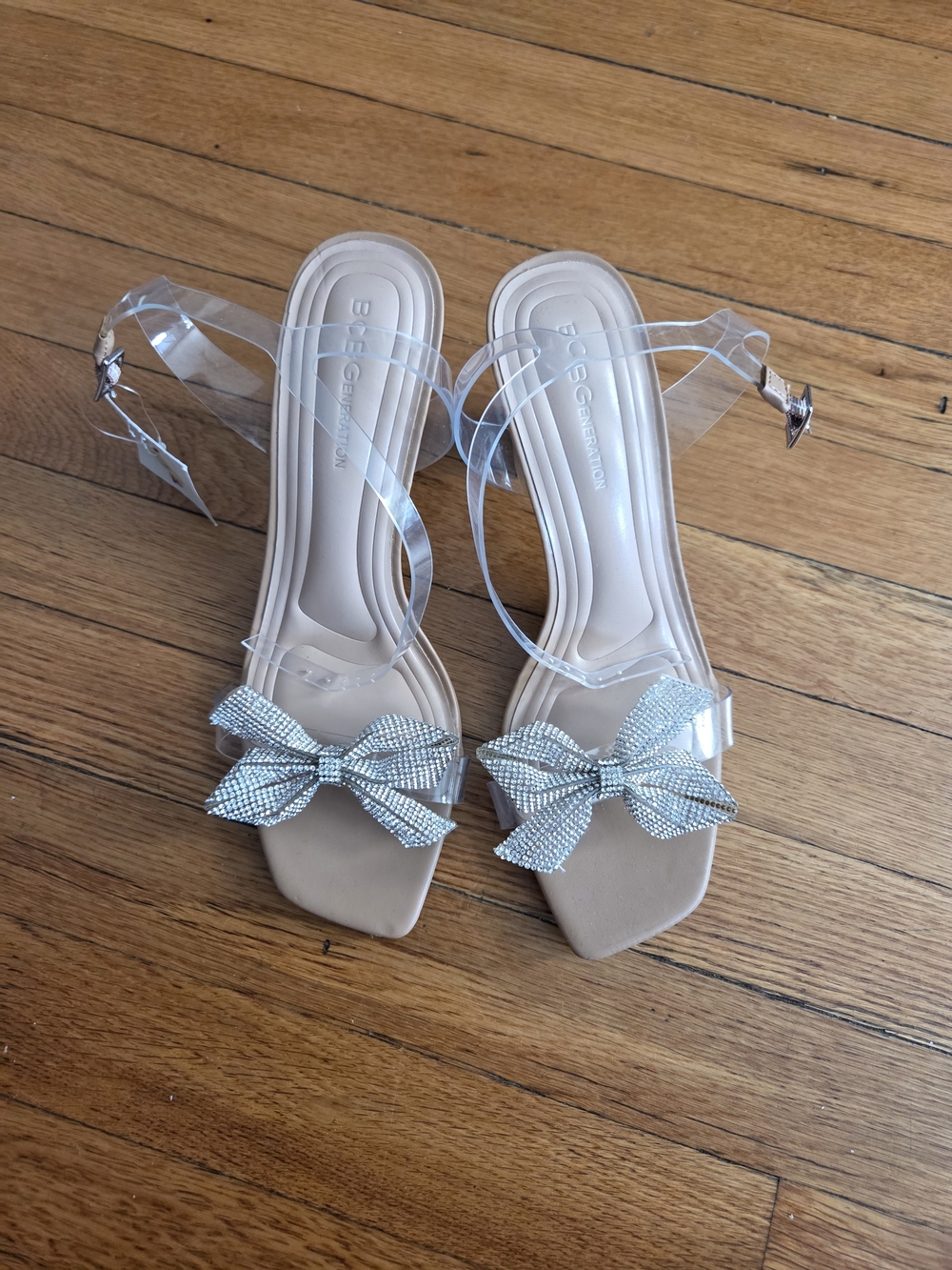 BCBGeneration Clear Strap Sandals with Silver Bow - Nude